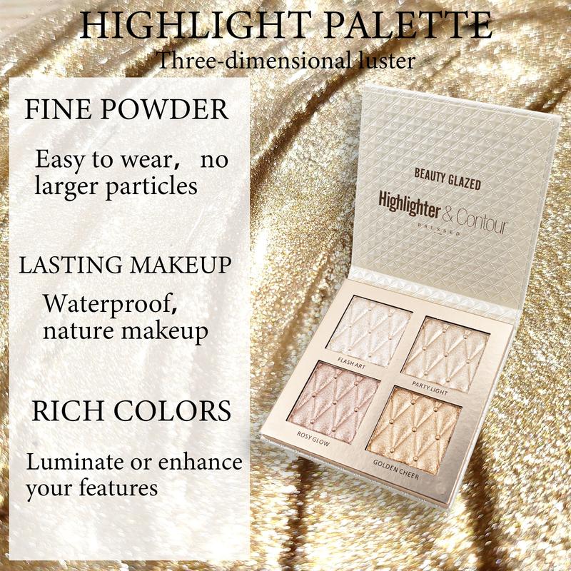 BEAUTY GLAZED Highlighter Palette,Glow Bronzer Powder Makeup Highlighter,4 Highly Pigmented Face Highlighter Shimmer Colors - Vegan, Cruelty Free & Hypoallergenic