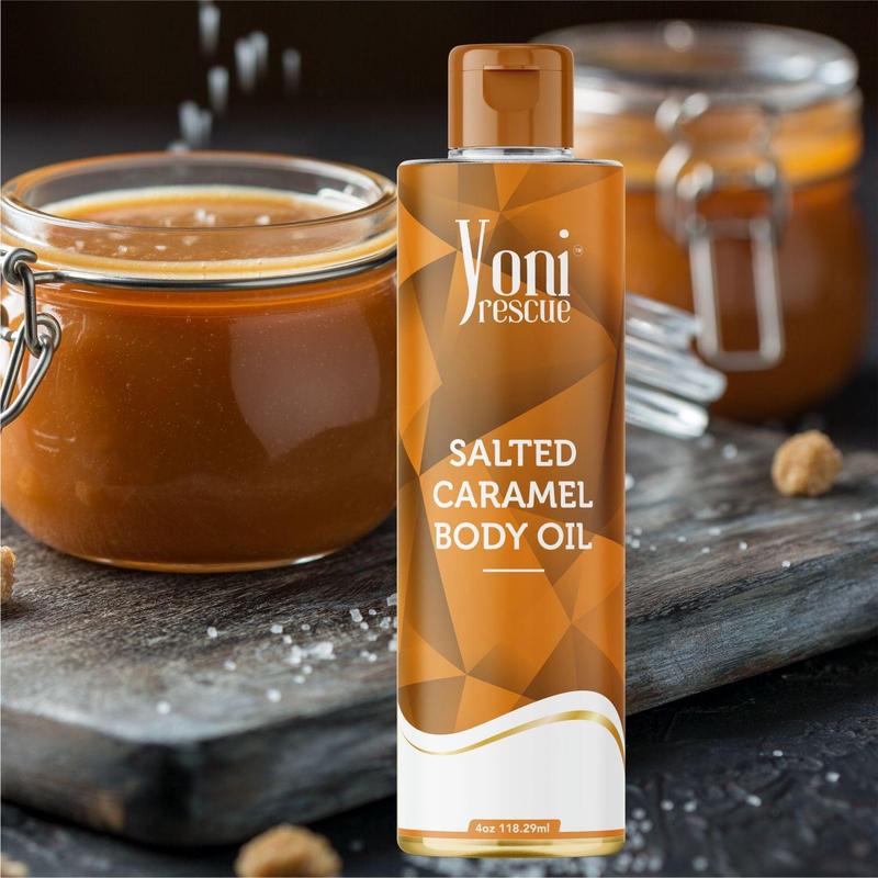 Salted Caramel Body Oil, 4oz, with Apricot, Jojoba, Avocado Oils & Vitamin E Oil, Fast-Absorbing, Nourishes and Hydrates Skin, Skin Repair, Body Care, Ideal for All Skin Types, Strawberry Pineapple Fragrance Moisturizer by Yoni Rescue