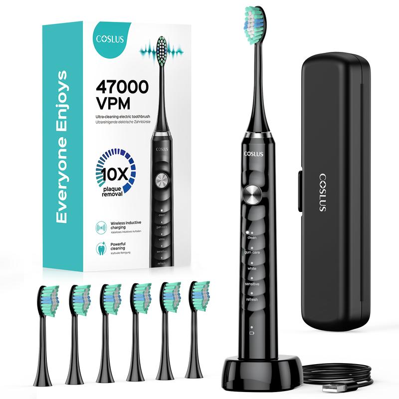 COSLUS Electric Toothbrush：6 Brush Heads with 5 Modes, 47,000 VPM, 10x Cleaning Power, IPX7 Waterproof, For home or travel use, Daily&Oral&Cleansing