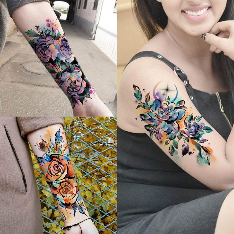 63pcs set Watercolor Flower & Animal Pattern Tattoo Sticker, Fake Tattoo Sticker for Women & Men, Temporary Body Art Decoration, Fake Tattoos Custom