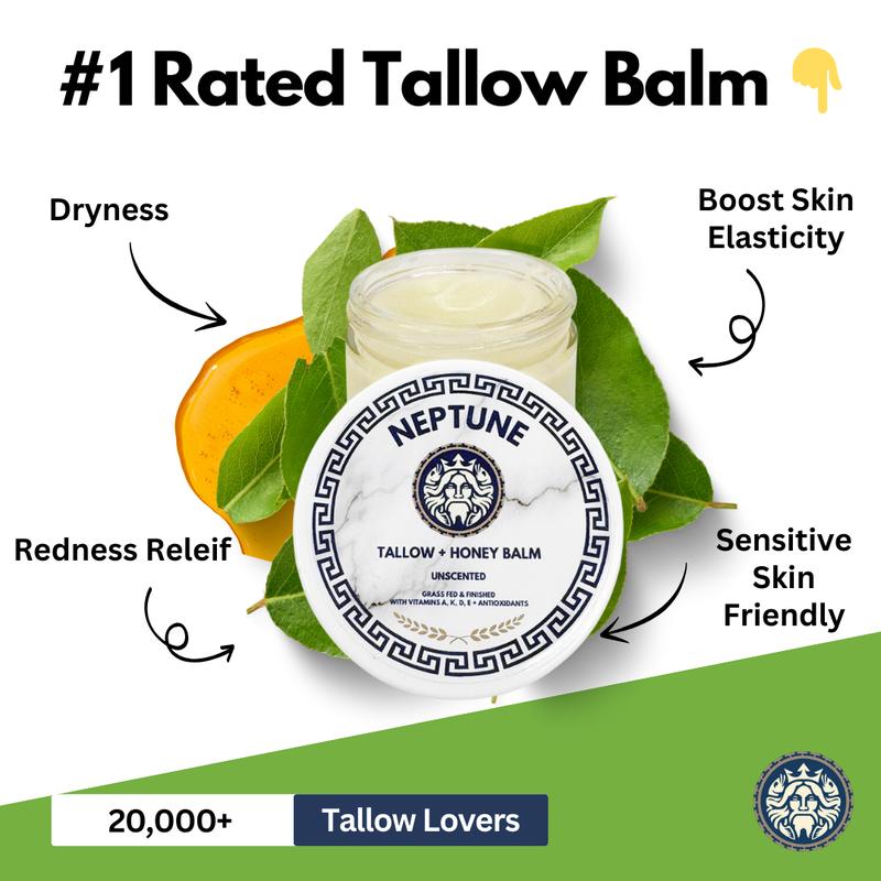 Tallow & Honey Anti-Aging Balm by Neptune - With 850+ MGO Manuka Honey, Grass Fed Finished with Vitamins A, K, D, & E, Cold Pressed Extra Virgin Olive Oil, Beeswax, Manuka Honey, Natural Ingredients. Hydrating Soothing Face Moisturizer, Eczema