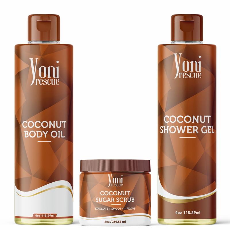 Coconut Body & Bath Care Set- Shower Gel(4oz),  Body Essential Oil(4oz) 100% All Natural with Sugar Scrubs(8oz) by Yoni Rescue