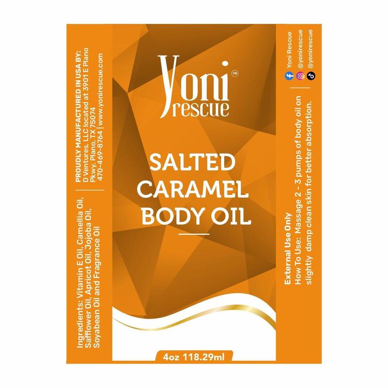 Salted Caramel Body Oil, 4oz, with Apricot, Jojoba, Avocado Oils & Vitamin E Oil, Fast-Absorbing, Nourishes and Hydrates Skin, Skin Repair, Body Care, Ideal for All Skin Types, Strawberry Pineapple Fragrance Moisturizer by Yoni Rescue