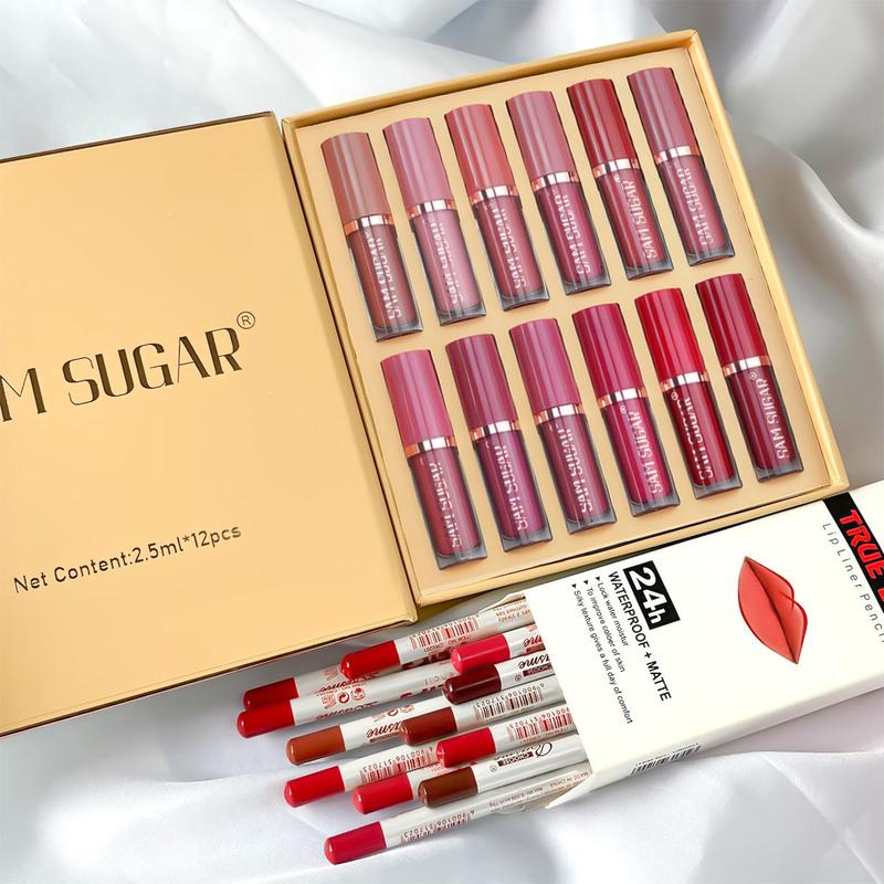 Lip Makeup Sets (24pcs set), Including 12pcs Matte Liquid Lipstick & 12pcs Lip Liner, Matte Lipstick & Lip Liner, Lip Kit, Non-stick Cup Matte Lips Gloss for All Occasions Lip Makeup, Makeup Cosmetic for Girls and Women, Pennywise Makeup, Christmas Gift