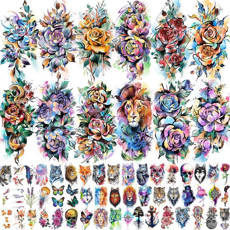 63pcs set Watercolor Flower & Animal Pattern Tattoo Sticker, Fake Tattoo Sticker for Women & Men, Temporary Body Art Decoration, Fake Tattoos Custom