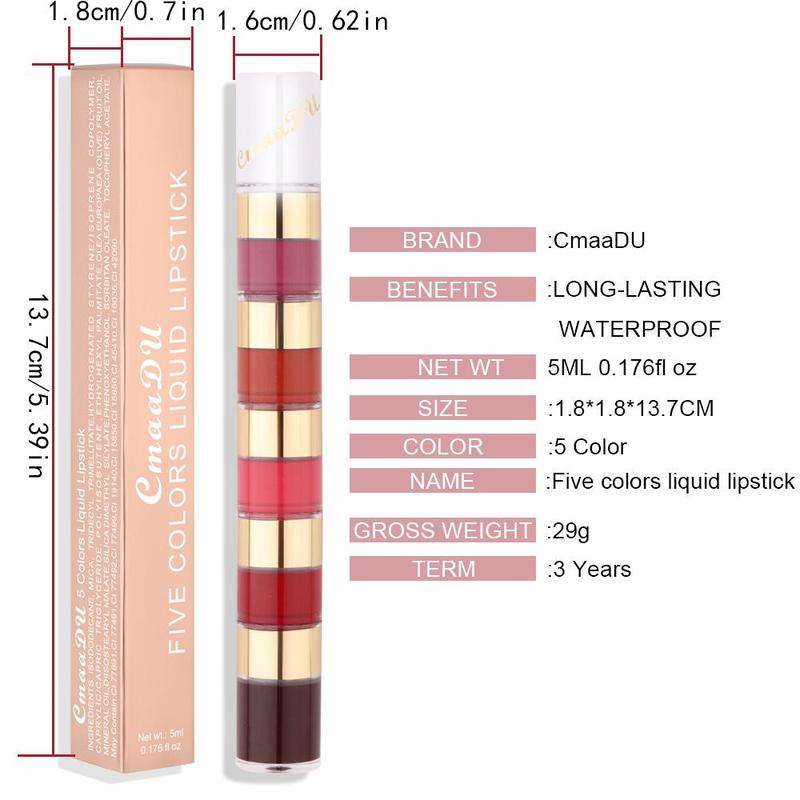 5 In 1 Lipstick, Waterproof Long Lasting Easy To Color Lip Makeup Gloss, Soft And Hydrated Lips, Beauty Gift for Women & Girls