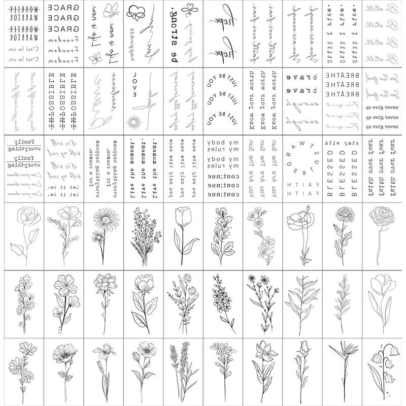 Realistic Temporary Tattoos - 60 Sheets Tiny Small Removable Tattoos, 30 Pcs Inspirational Quotes Words Tattoos, 30 Pcs Wild Flower Ink Line Botanical Floral Leaf Tattoo Stickers for Women