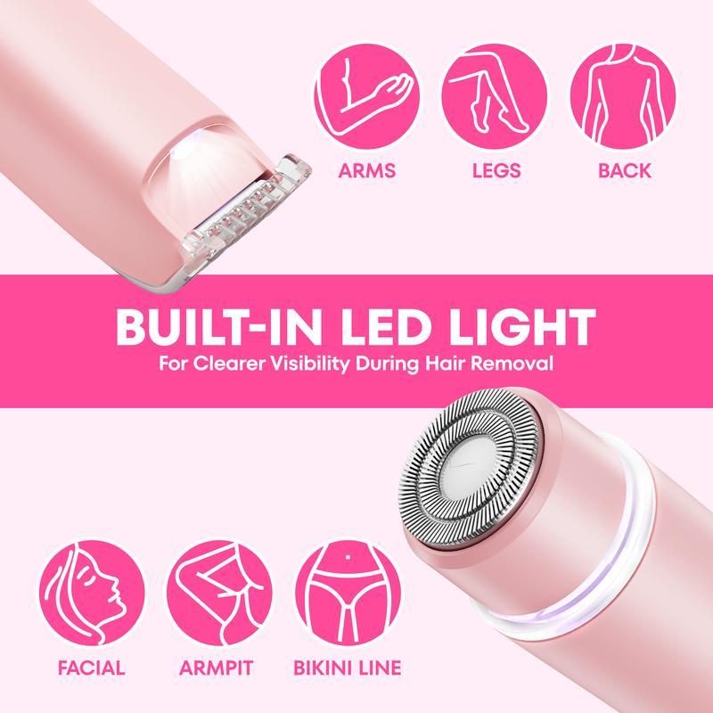 Bikini Trimmer for Women, Akunbem Electric Shaver and Razor Rechargeable 2-in-1 Body and Facial Hair Removal Double Head for Painless Trimming of Pubic Face Underarm Legs, IPX7 Waterproof, pink