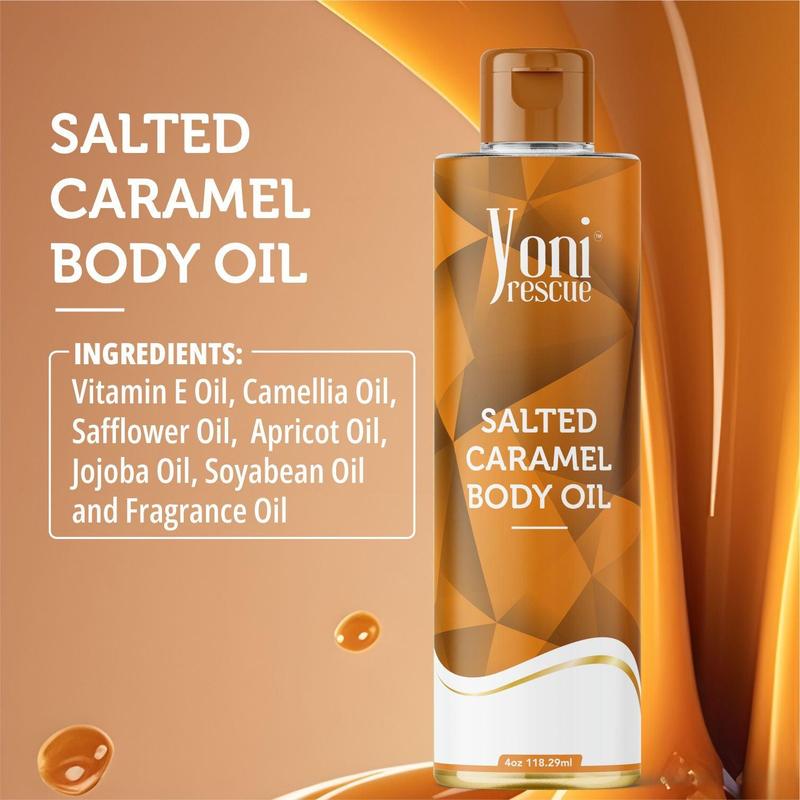 Salted Caramel Body Oil, 4oz, with Apricot, Jojoba, Avocado Oils & Vitamin E Oil, Fast-Absorbing, Nourishes and Hydrates Skin, Skin Repair, Body Care, Ideal for All Skin Types, Strawberry Pineapple Fragrance Moisturizer by Yoni Rescue