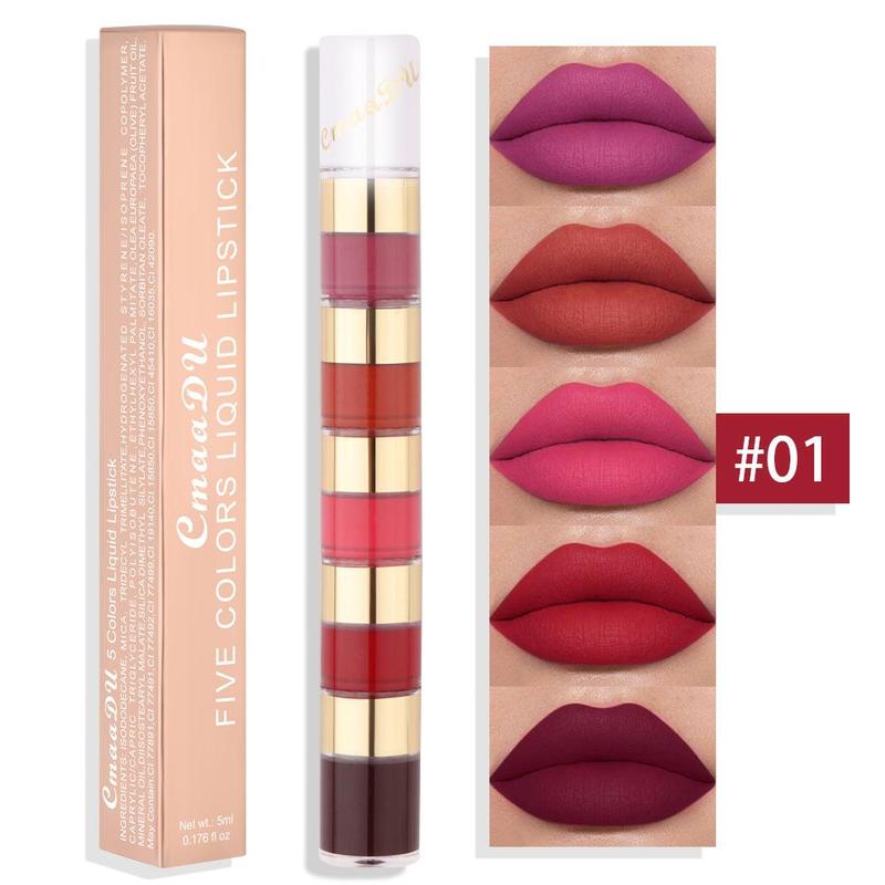 5 In 1 Lipstick, Waterproof Long Lasting Easy To Color Lip Makeup Gloss, Soft And Hydrated Lips, Beauty Gift for Women & Girls