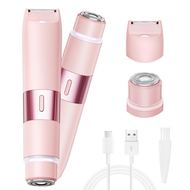 Bikini Trimmer for Women, Akunbem Electric Shaver and Razor Rechargeable 2-in-1 Body and Facial Hair Removal Double Head for Painless Trimming of Pubic Face Underarm Legs, IPX7 Waterproof, pink