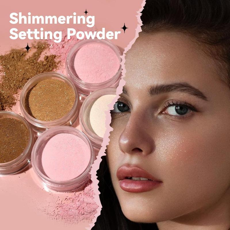 Pink Shimmer Setting Powder, Finishing Powder Oil Control for Long Lasting Makeup, Lightweight Loose Powder, Waterproof Makes Blurring Powder for All Skin Tone 02