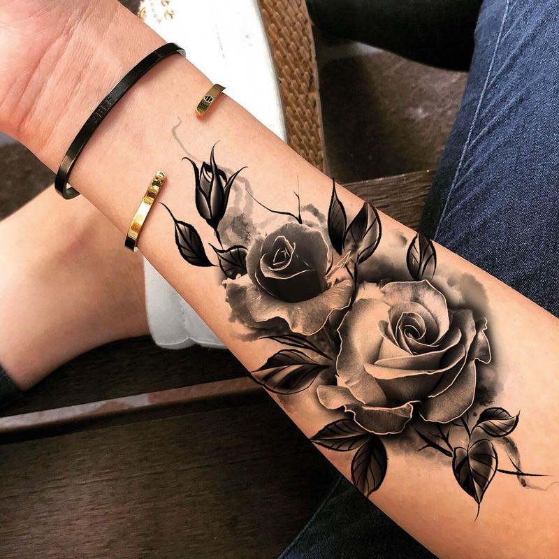 Aesthetic Rose Pattern Temporary Tattoo Sticker, Long Lasting Fake Tattoo Sticker, Body Art Sticker for Women & Girls, Christmas Gift