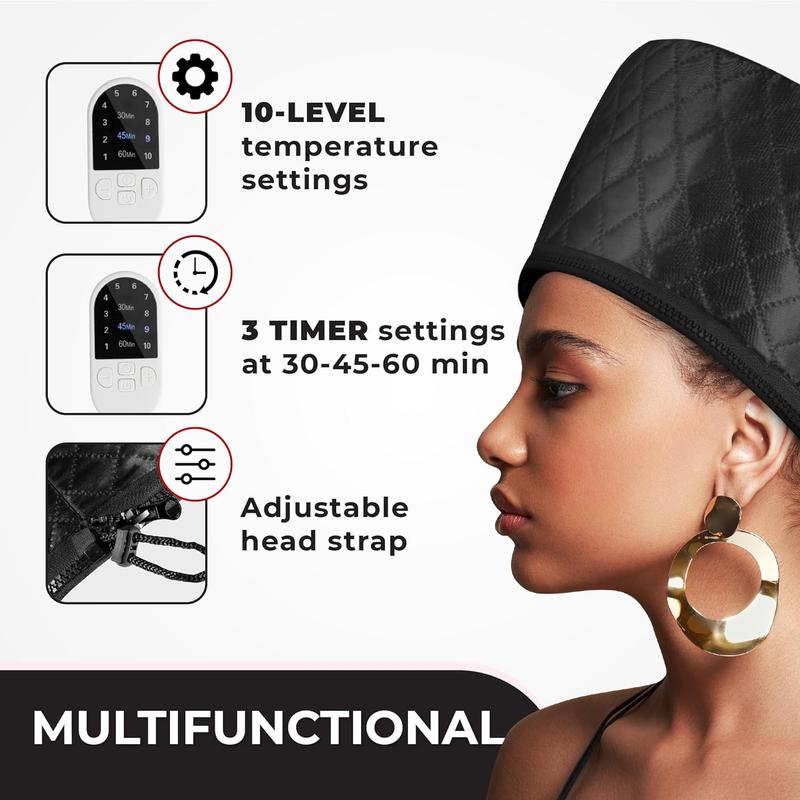 Hair Steamer For Natural Hair Home Use w 10-level Heats Up Quickly, Heat Cap For Deep Conditioning - Thermal Heat Cap For Black Hair, Great For Deep Conditioner (Black)