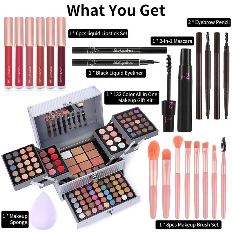 132 Color All In One Makeup Gift Set Kit- Includes 94 Eyeshadow, 12 Lip Gloss, 12 Concealer, 5 Eyebrow powder, 3 Face Powder, 3 Blush, 3 Contour Shade, 2 Lip Liners, 2 Eye Liners, 4 Eyeshadow Brush