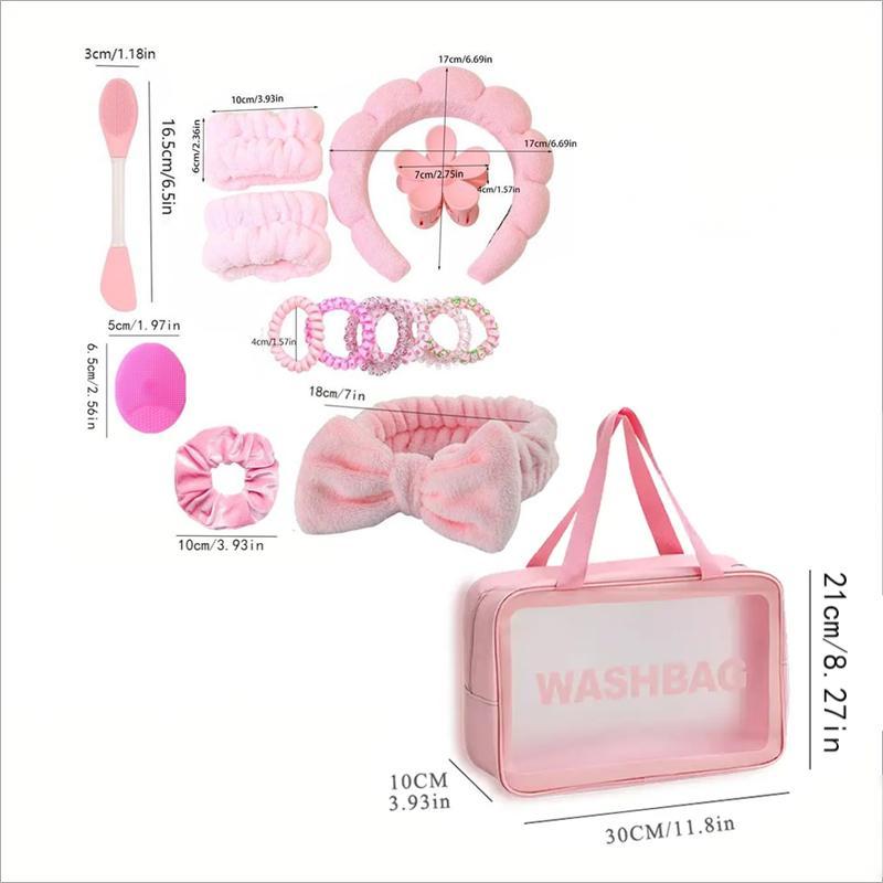 Makeup Removal Tool Set (16pcs set), Wash Bag & Headband & Wristband & Hair Claw & Hair Tie & Hair Hoop & Face Washing Tools, Portable Travel Wash Bag, Christmas Gift