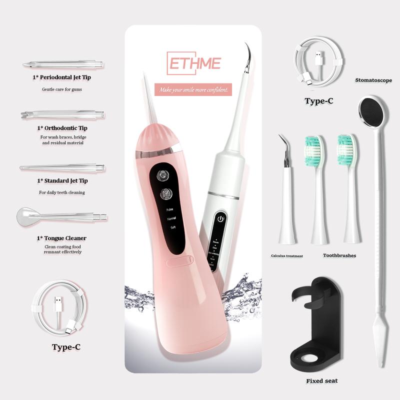 ETHME A16 Christmas Portable Dental Water Flosser Pink Oral Irrigator with 3 Modes and Replaceable Jet Tips for Braces Plaque Remover Waterproof Gift