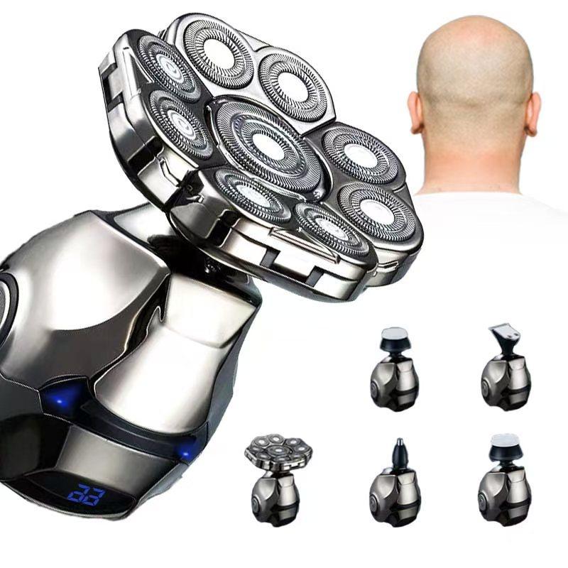 9-head head and face shaver, 5-in-1 premium bald electric head shaver, men's premium grooming set, wet and dry washable, suitable for beard, hair, sideburns, nose hair, detachable blade head, smooth shaving, no stray hair