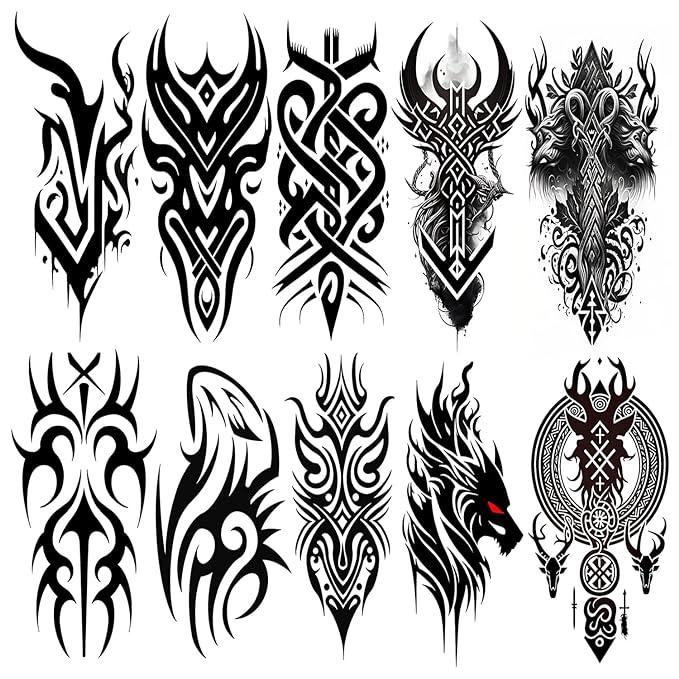 Temporary Tattoos Waterproof Viking Tribal Totem - Long Lasting Fake tattoo for Men and Women 10 Sheets