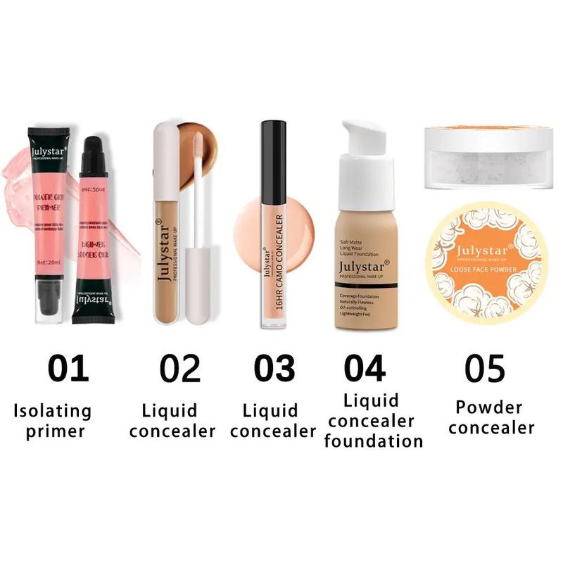 Makeup Set, 5counts set Long-lasting Concealer, Foundation, Loose Powder, Concealer, Face Makeup Set, Cosmetic Set for Women & Girls