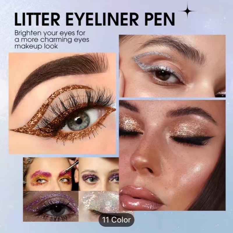 Glitter 10 Colors Liquid Eyeliner Pen, Long Lasting Shimmer Waterproof Colourful Eyeliner, Easy Coloring Smudge Proof Fast Drying Eye Makeup Lipliner Cosmetic Multicolor