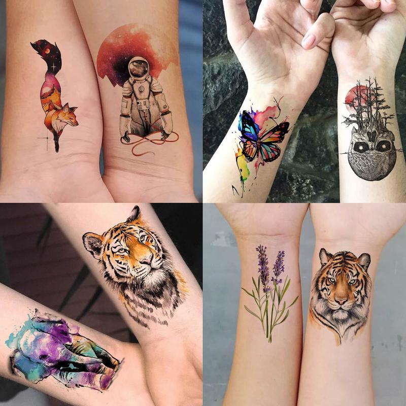 63pcs set Watercolor Flower & Animal Pattern Tattoo Sticker, Fake Tattoo Sticker for Women & Men, Temporary Body Art Decoration, Fake Tattoos Custom