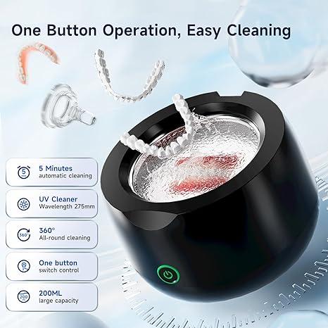 Ultrasonic Retainer Cleaner for Dentures, 45kHz Mouth Guard, Aligner, Toothbrush Head, Jewelry, Portable Cleaner for All Dental Appliances at-Home or Travel 200ML Gift Oral