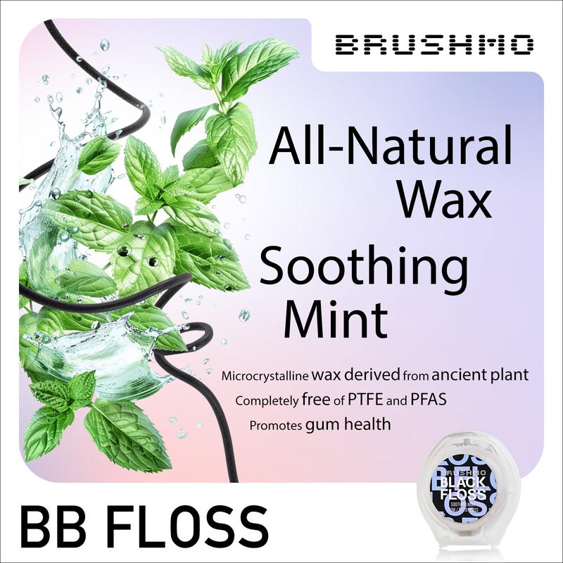 Brushmo Black Floss (BB Floss), 3 spool (165 yd) Mint, Non-Toxic PTFE & PFAS Free, US Dentist-Designed, Stain-Absorbing, Woven Expanding, Natural Wax to Prevent Gum Disease, Oral Care for Adults