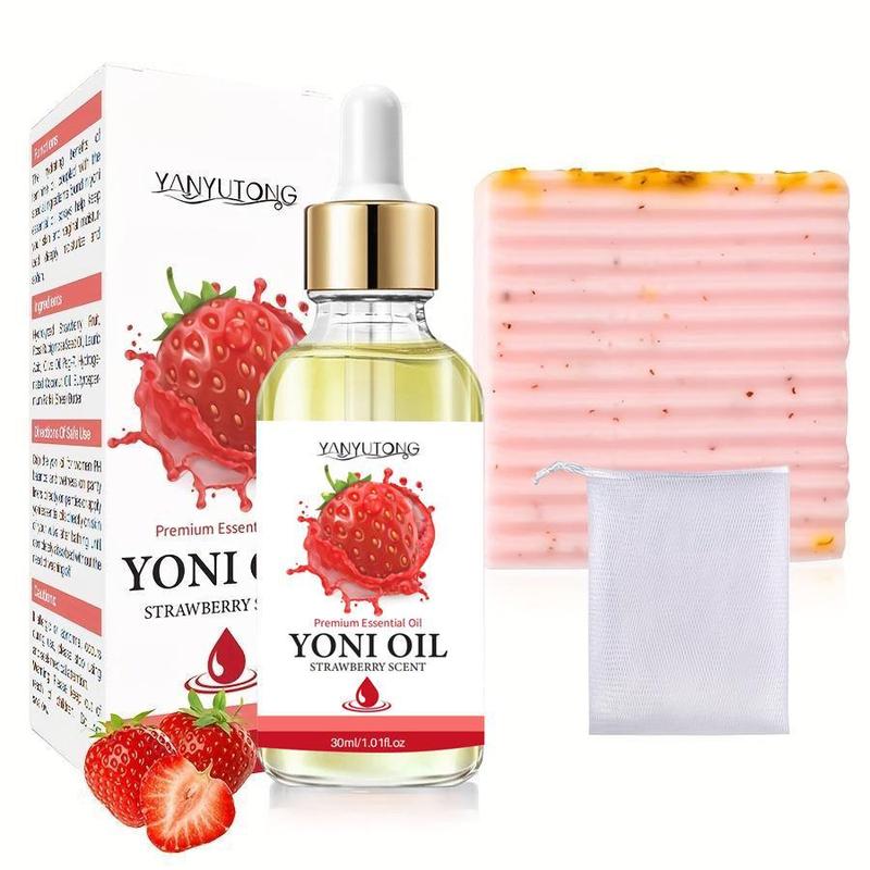 Strawberry Yoni Oil & Soap Set, 1 Set Moisturizing Body Care Set, Including Yoni Oil & Yoni Soap & Mesh Bag, Body Care Product for Women