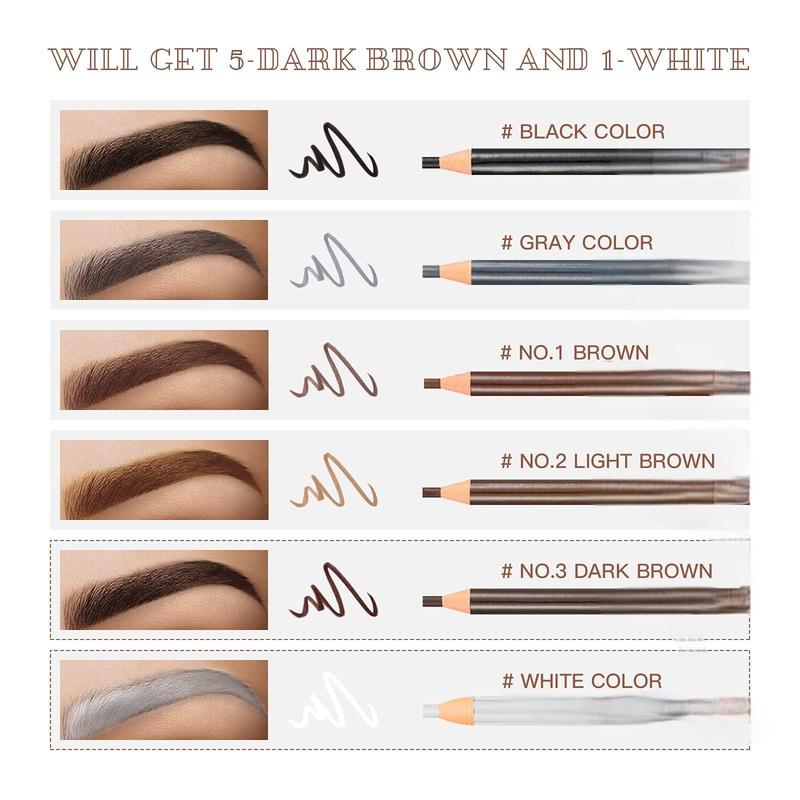 Waterproof Eyebrow Pencil Set, Pull-Off Peel, Microblading Eyebrow Pencil Supplies Kit, White Eyeliner and Eyebrow Tools Tattoo Makeup for Marking (5+1 Dark Brown)