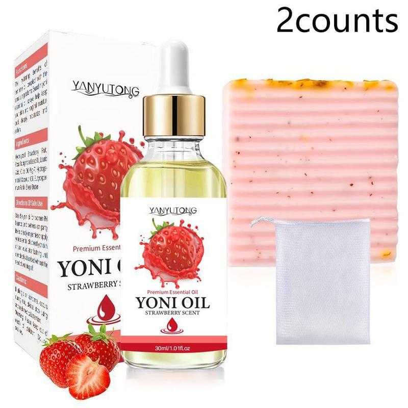 Strawberry Yoni Oil & Soap Set, 1 Set Moisturizing Body Care Set, Including Yoni Oil & Yoni Soap & Mesh Bag, Body Care Product for Women