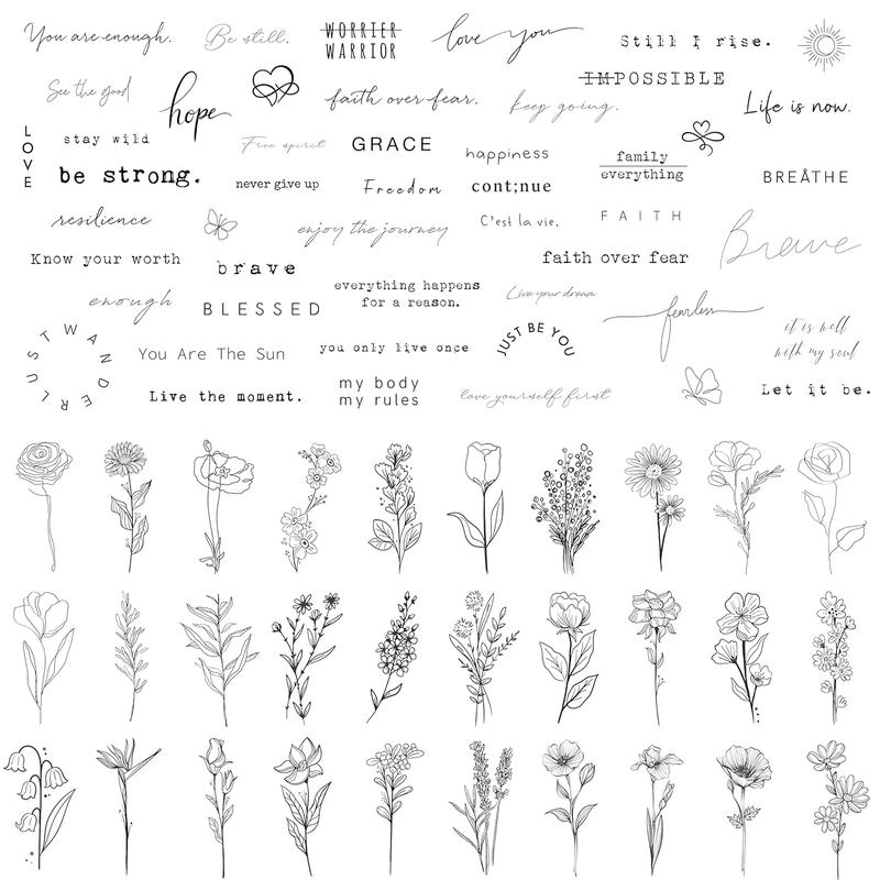 Realistic Temporary Tattoos - 60 Sheets Tiny Small Removable Tattoos, 30 Pcs Inspirational Quotes Words Tattoos, 30 Pcs Wild Flower Ink Line Botanical Floral Leaf Tattoo Stickers for Women