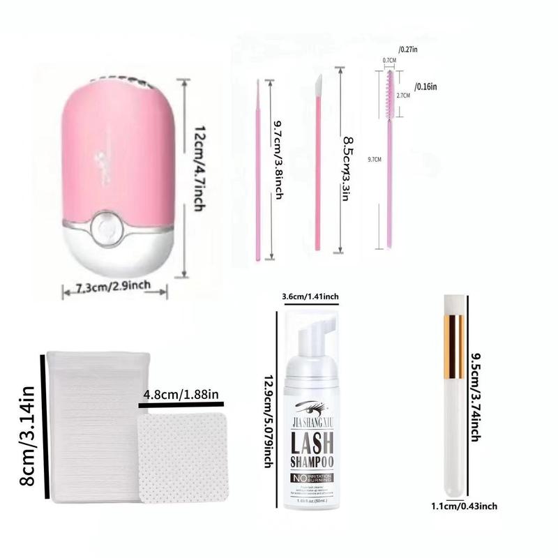 Eyelash Extension Cleanser Kit for Christmas Gift, 1 Set Eyelash Shampoo & Brush & Air Conditioning Blower & Pads, Professional Eye Makeup Tool for Women