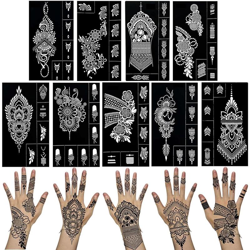 9 Sheets Henna Tattoo Stencils kit for Hand Reusable, Mehndi Temporary Tattoo Adhesive Templates Flower Stencils for Women Girls Face Body Finger Art Paint mask tattoo patch tattoo