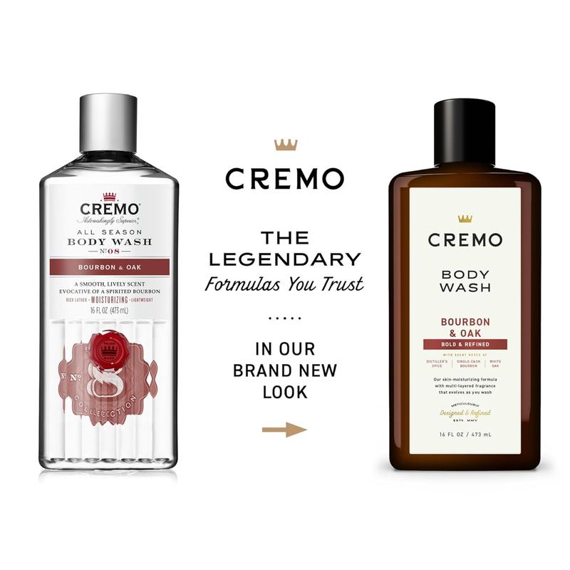 Cremo Rich-Lathering Bourbon & Oak Body Wash for Men, A Sophisticated Blend of Distillers Spice, Fine Bourbon and White Oak, 16 Fl Oz (Packaging May Vary)