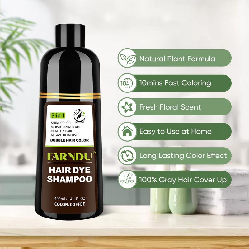 FARNDU Hair Dye Shampoo, Gray Coverage, 3 in 1 (+Shampoo+Conditioner), All Hair Types, 10 Minute Color, For Men & Women with All Hair Types, Long Lasting, Plant Extracts, 400ml