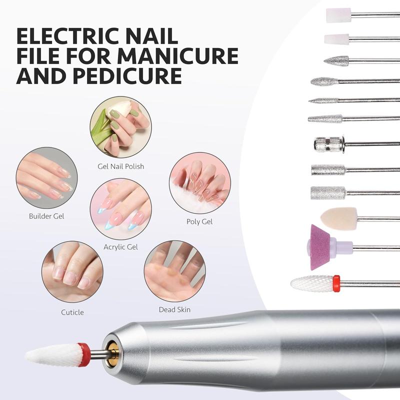 GAOY Electric Nail Drill, USB Electric Nail File for Acrylic and Gel Nails, Portable Efile with Nail Drill Bits, Manicure Pedicure Tools for Home Salon, Silver