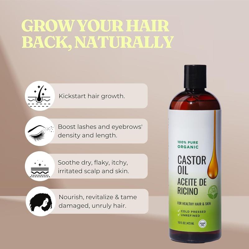 Castor Oil 16 OZ- Aceite de Ricino - Cold Pressed  Pure, Certified , Hexane Free for Eyelashes, Eyebrows, Frizzy, Hair Growth Women and Men, Beard Growth