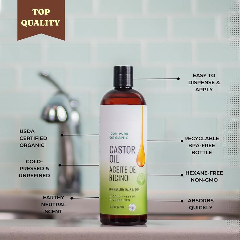 Castor Oil 16 OZ- Aceite de Ricino - Cold Pressed  Pure, Certified , Hexane Free for Eyelashes, Eyebrows, Frizzy, Hair Growth Women and Men, Beard Growth