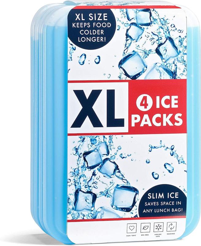 4-Pack XL Slim Ice Packs, Fast Freezing Space Saving Reusable Ice Packs for Lunch Boxes or Coolers, Blue, 4-Pack (1 Pack)