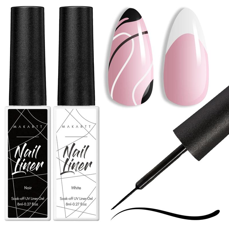 Makartt Gel Nail Polish Liner Set 8ML, 2 Color Nail Art Autumn French Polish White Black for French Tip Swirl Draw Nail Soak Off UV Curing Built Thin Brush Manicure Set For Salon DIY Nail Care Geometric