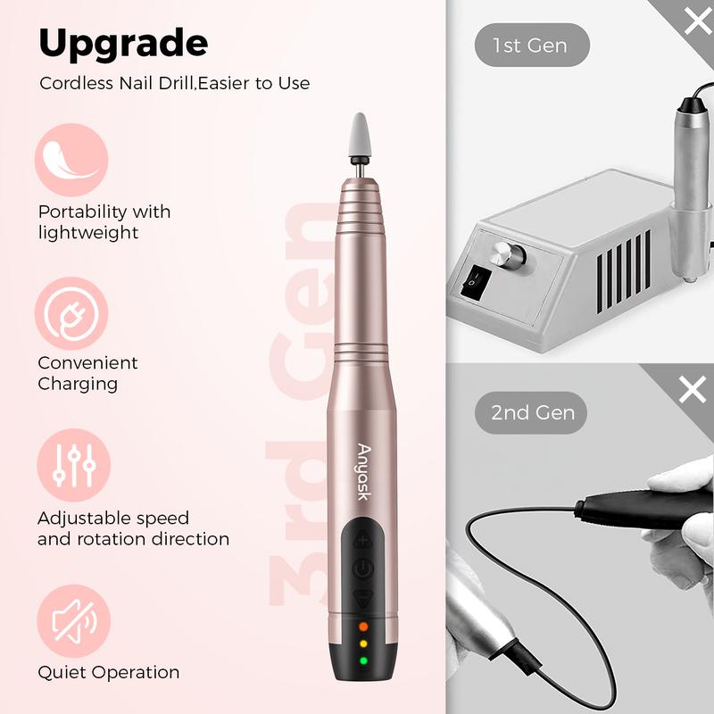 Anyask Cordless Electric Nail Drill, 11 in 1 Kit, 25000 RPM Make Up Tool, Portable Rechargeable Nail Set for Acrylic Gel Dip Powder Nails, Professional and Home Use, Nail Artist Lover