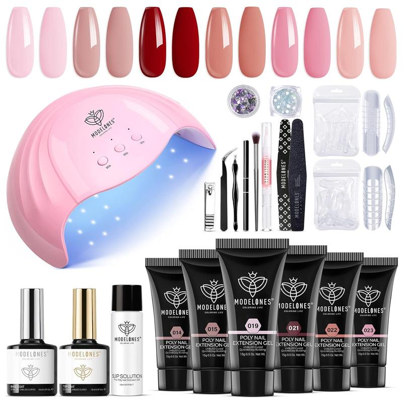 Modelones 22Pcs Poly Nail Extension Gel Kit, mother's day gifts 6 Colors with 48W Nail Lamp Slip Solution Rhinestone Glitter All-in-one kits French Nail Art Design Beginner Kit birthday Gift 2024 home DIY gel-x Nail Care Cutics Manicure