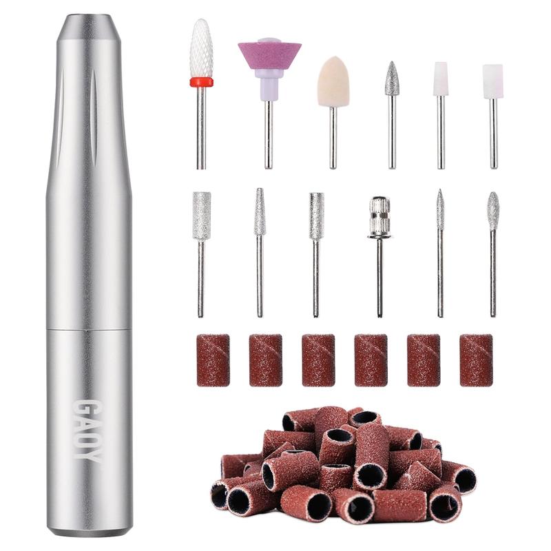 GAOY Electric Nail Drill, USB Electric Nail File for Acrylic and Gel Nails, Portable Efile with Nail Drill Bits, Manicure Pedicure Tools for Home Salon, Silver