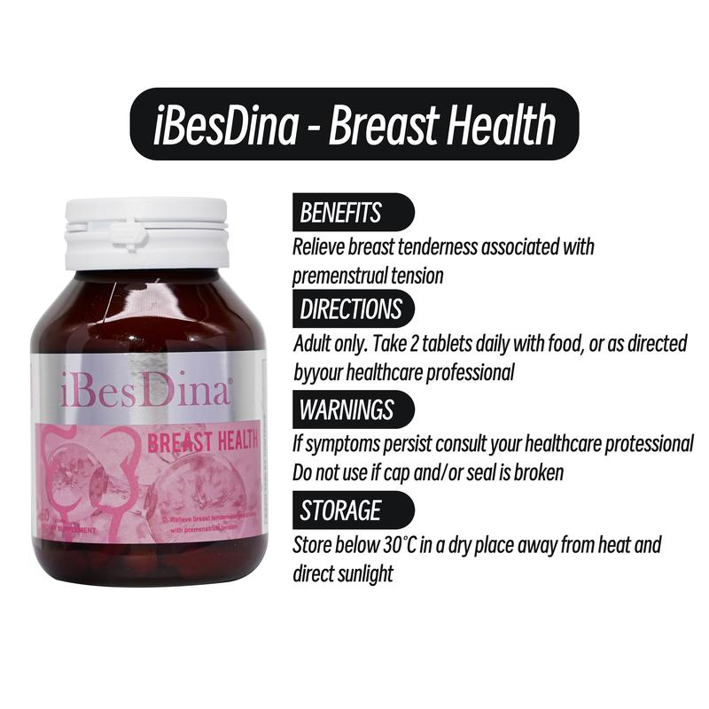 Ibesdina Breast Health Tablets -Contains multiple ingredients such as vitamins,lycopene, camellia sinensis .etc.Supports female hormonal balance and breast health. 60 Tablets.