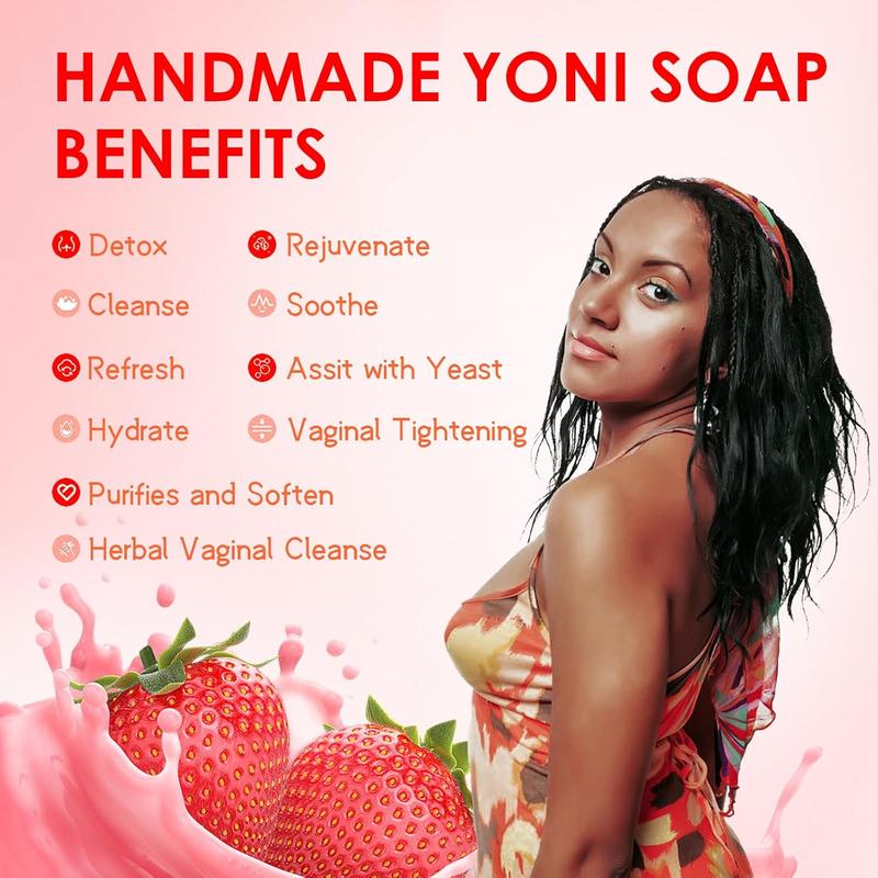 Yoni Soap Bars Feminine Wash 2 PCS, 100% Natural Organic Strawberry Yoni Bar Soap for Women Ph Balance Yoni Wash Eliminates Odor Ph Balance Yoni Care Soap with Foaming Net, Feminine Wash 5.29oz