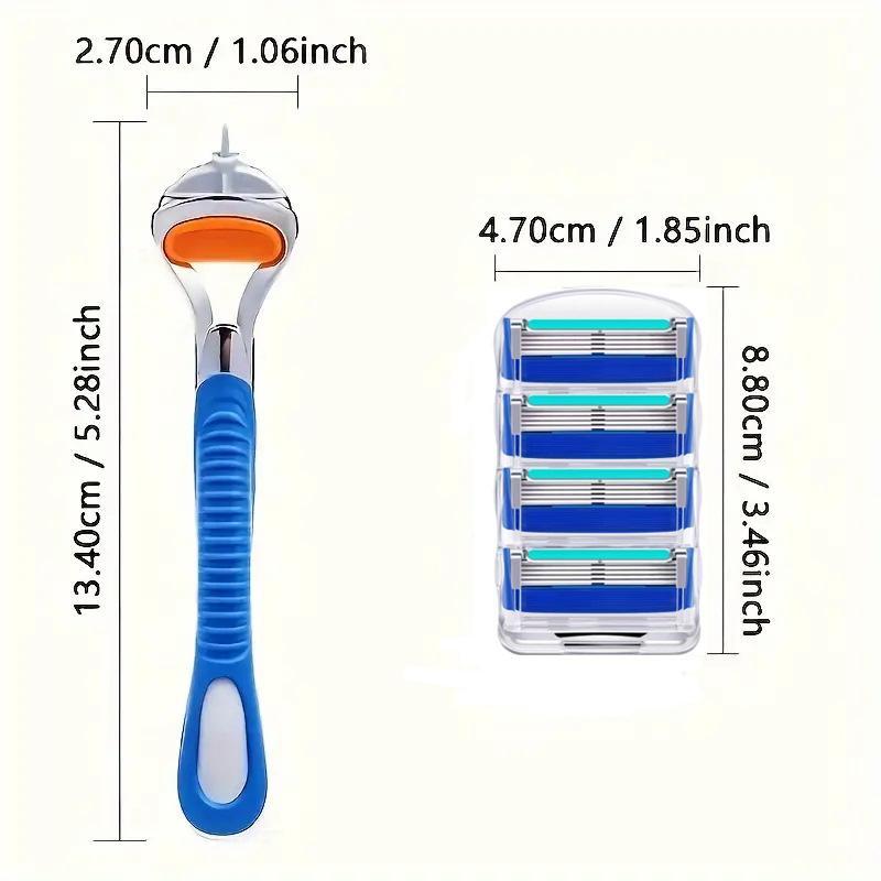 Men's Manual Razor Set, 1 Count Razor Holder & 5-layer Stainless Steel Replacement Razor Blade, Men's Personal Care Products