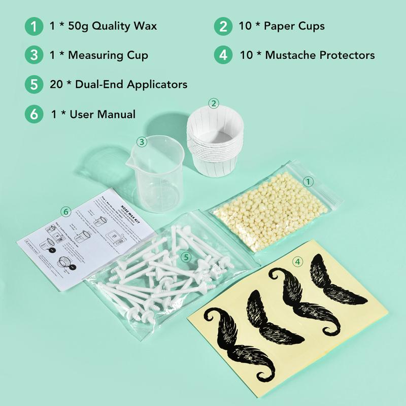 Unisex Nose Waxing Kit, Eyebrow Ear Lip Face Nose Removal Waxing Kit with 1.76 oz Wax 20 Applicators 10 Paper Cups 8 Beard Protectors and 1 Measuring Cup