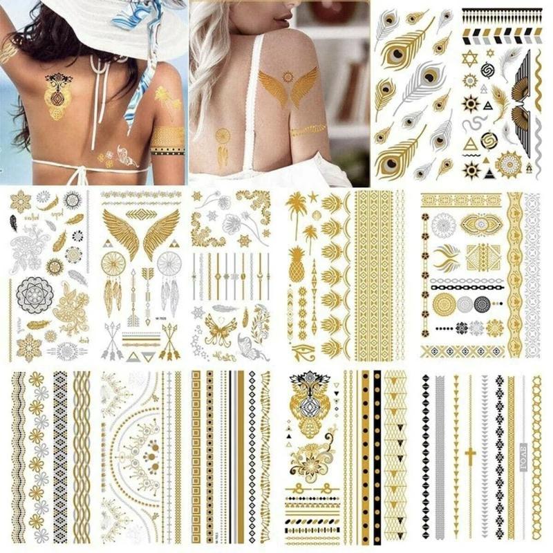 8 Sheets  Golden Tattoo Stickers,Mixed Pattern Temporary Tattoo Sticker for Women & Girls - Waterproof Creative Pattern