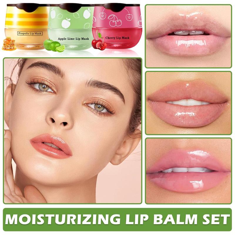 Honey Pot Lip Balm,3PCS Bee Lip Balm Honey Pot Cherry Apple Lip Scrub,Fade Lip Lines Lip Mask Overnight Prevention Dry and Cracked Lip Sleeping Mask (Honey+Apple+Cherry)